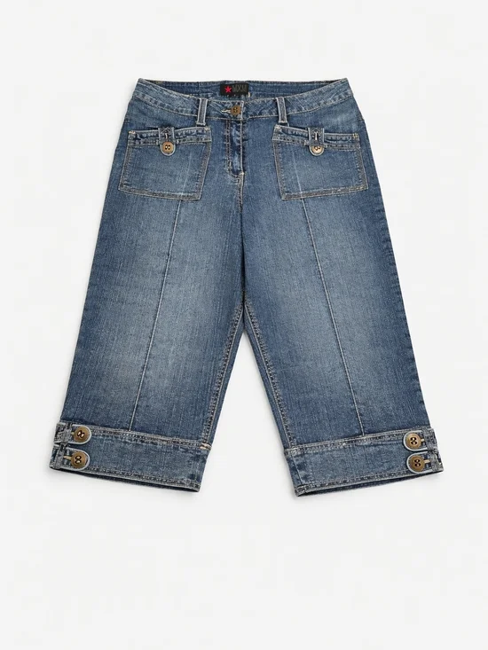 MXM Cropped Denim Capri Jeans Size 14 Blue Button Detail Y2K Style Festival - Picture 2 of 11